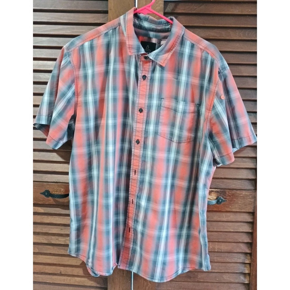 Prana Men's Orange & Gray Plaid Short-Sleeve Button-Down Shirt, Size XL